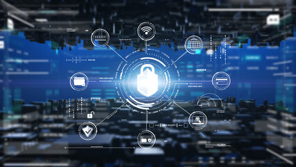 Cyber attack security an encryption network protection business technology. Internet UI access authorize with padlock, shield, folder, wifi icon illustration background.