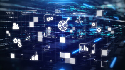 Technology data business analysis and strategy, professional financial, digital link tech with futuristic icon concept illustration.
