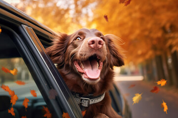 Happy dog leaning out into open car window and stuck out his tongue. Its fur flutter in the wind on its joyful autumn journey. Generative Ai. - obrazy, fototapety, plakaty