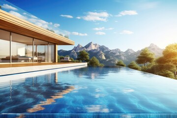 Fototapeta premium Infinity pool overlooking mountain landscape, luxurious modern house. Concept for real estate or property. Generative AI