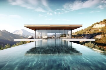 Fototapeta na wymiar Infinity pool overlooking mountain landscape, luxurious modern house. Concept for real estate or property. Generative AI