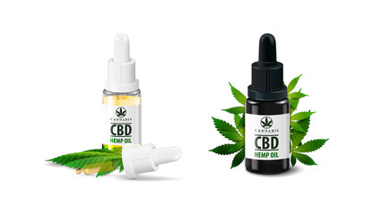 Glass transparent bottles of Medical cbd oil with hemp leaf and pipette