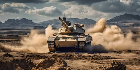 armoured tank crosses a mine field during war invasion epic scene of fire and some in the desert Generative AI