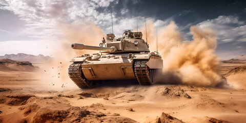 armoured tank crosses a mine field during war invasion epic scene of fire and some in the desert Generative AI