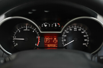 Mileage distance on the car dashboard digital speedometer car miles - obrazy, fototapety, plakaty