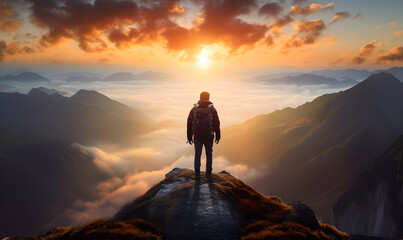 Fictional Hiker stands with back to the camera at the summit of a difficult mountain climb to be greeted with a beautiful view of the sunrise Generative AI