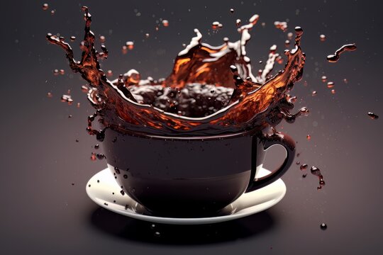 Coffee splashing out of a cup isolated on black background.. Ai Generative AI