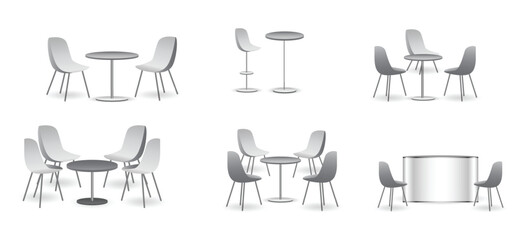 set of realistic trade exhibition chair and table or white blank exhibition kiosk or stand booth corporate commercial.
