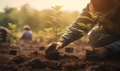 Person planting trees or working in community garden promoting local food production and habitat restoration, concept of Sustainability and Community Engagement Generative AI
