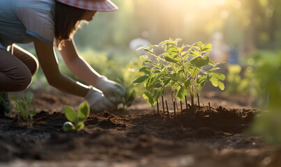Person planting trees or working in community garden promoting local food production and habitat restoration, concept of Sustainability and Community Engagement Generative AI