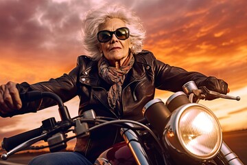 A stylish elderly woman wearing a leather jacket and sunglasses, riding a sleek motorcycle against a backdrop of a dramatic sunset. Generative ai.