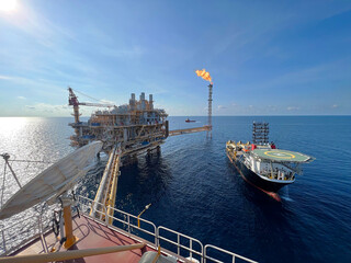 Offshore construction platform for production oil and gas. Oil and gas industry and hard work....
