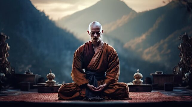 A person with a shaved head and tattoos, practicing martial arts in a serene mountain temple. Generative ai.