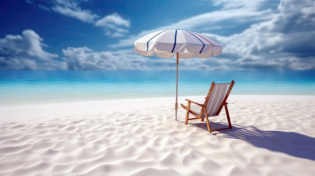 A pristine white sand beach with an empty beach chair, perfect for showcasing a sunscreen or beachwear brand. Generative ai.