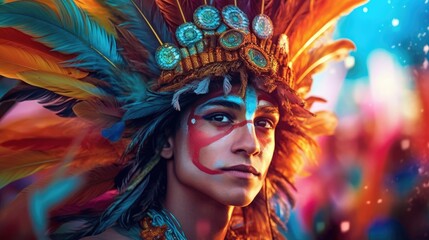 Fototapeta premium A young man with colorful face paint and feathers, participating in a vibrant Brazilian carnival parade. Generative ai.