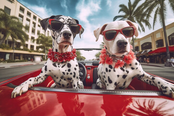 Two dalmatian dogs with sunglasses in the convertible red car. AI generative art
