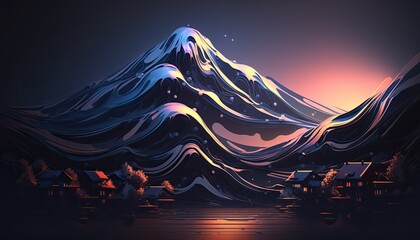 Obraz na płótnie Canvas wallpaper mountain range with a waterfall and lights above it, in the style of surreal 3d landscapes, background, futuristic