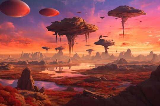 Surreal desert landscape with floating islands, featuring gravity defying rock formations and a vibrant sunset sky. Generative AI