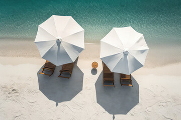 View from above a tropical beach with white sand and azure sea shore, two white beach umbrellas on the beach. Summer concept, copy space. Generative AI professional photo imitation.