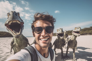 Young man taking selfie with aliens on the beach. AI generative art