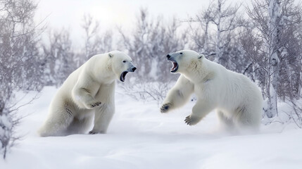 Obraz na płótnie Canvas Polar bears annoy each other in the snow, Generative Ai