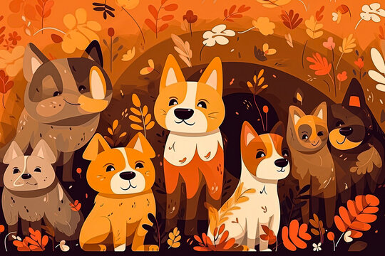 Generative AI background illustration of cats and dogs in illustration style