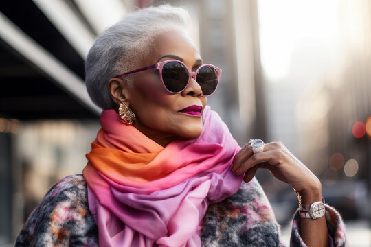 Generative AI illustration of 60 years old black woman dressed in haute couture walking through the streets of Paris