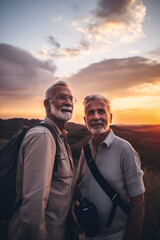 Generative AI illustration of Happy old gay couple in love on vacation in the light of a sunset