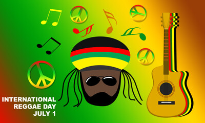a Jamaica reggae man with a guitar and a music note icon and a peace icon. commemorating International Reggae Day July 1
