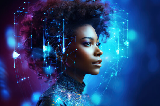 Portrait of beautiful black woman with curly hair with neural network thinks around her head on pink and blue background. Artificial intelligence and technology concept.