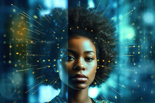 Head-shot of beautiful black woman with curly hair with neural network thinks around her head on futuristic background. Artificial intelligence, people and technology concept.