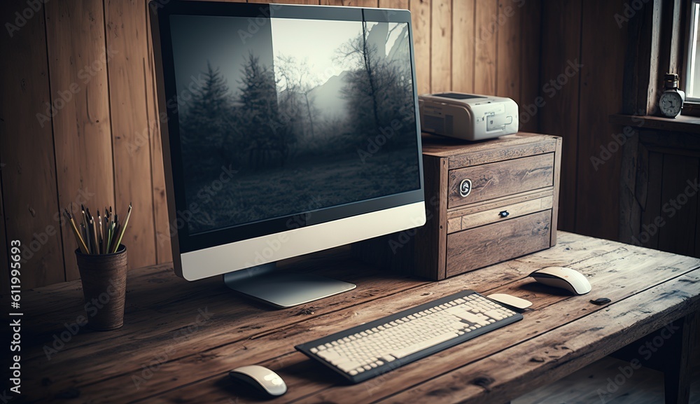 Aufkleber desk computer in an office with a wooden table generative ai