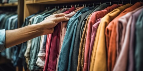Obraz premium Hand chooses shirt in the closet , concept of Garment selection, created with Generative AI technology