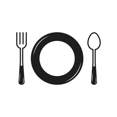 Plate, spoon and knife icon. Tableware icon. Dinner, utensil, table setting. Restaurant concept.