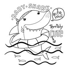 Illustration in black and white of a cute baby shark swimming with a float, handmade text, coloring page