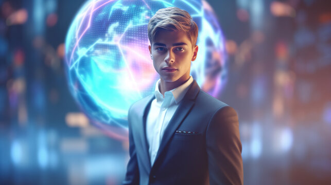 Portrait of handsome young blond businessman posing in front of futuristic Sci-fi background.