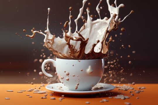 Coffee and milk splashing out of a cup isolated on dark background.. Ai Generative AI