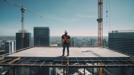 Contractor on top of a construction site. Cranes and heavy machinery. Generative AI