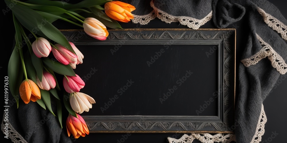 Aufkleber tulips on a shawl as a frame for a chalkboard generative ai