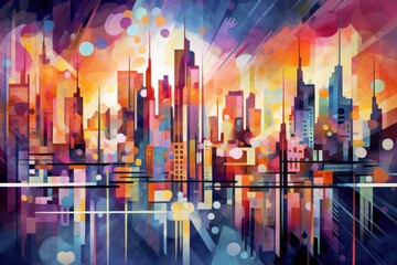 Vibrant abstract cityscape with geometric patterns, elements of nature and technology. Generative AI