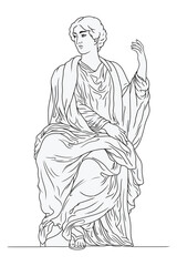 An ancient Greek woman in a tunic sits and gesticulates. Female figure isolated on white background
