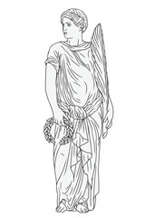 An ancient Greek youth in a tunic stands and holds a laurel wreath and a palm branch in his hands. Male figure isolated on white background