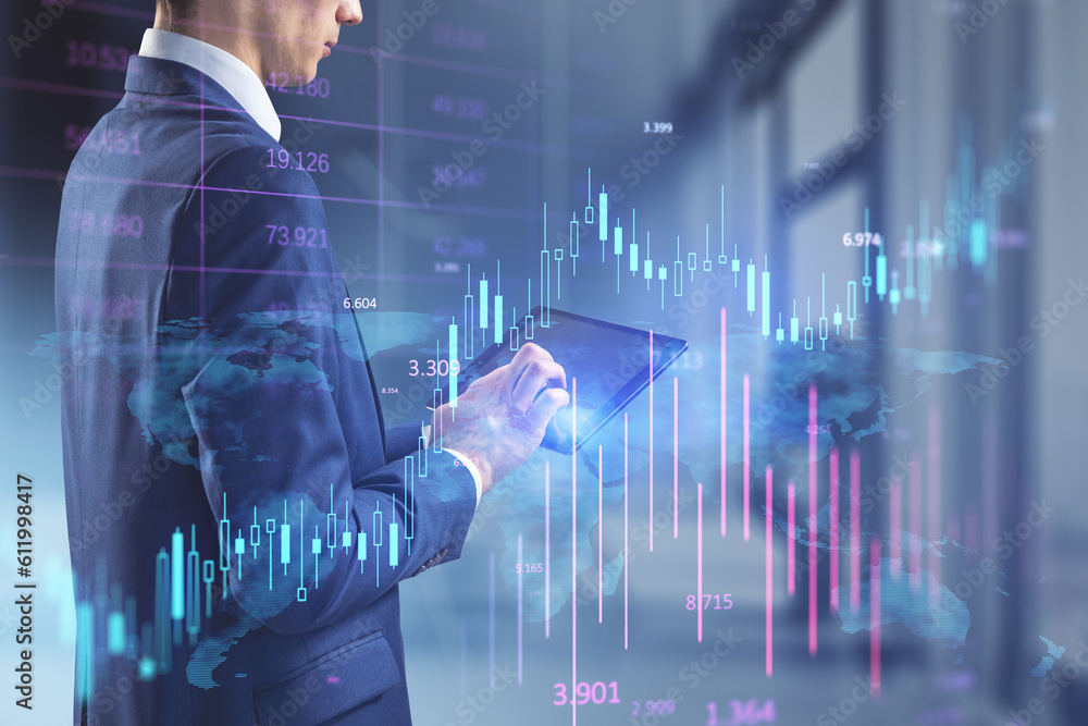 Aufkleber headless busiessman using tablet with glowing candlestick forex chart on blurry office iterior backg