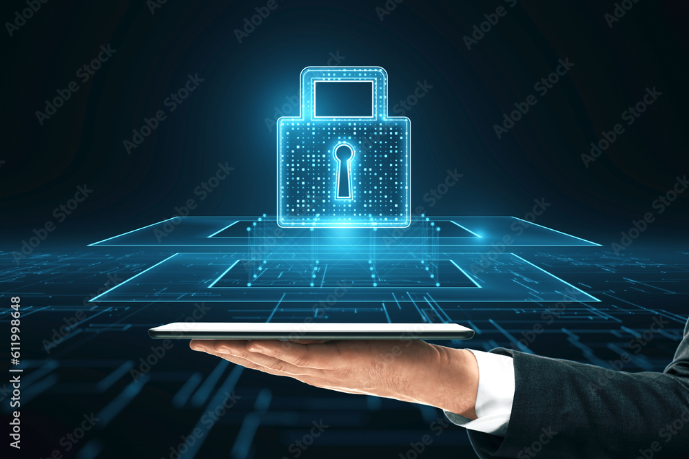 Poster cyber security and personal data protection concept with closed padlock above businessman hand with 