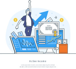 Active income, investing, passive profit, portfolio income concept. Commerce activity, financial growth, development, stock market investing and online monetization thin line design of vector doodles
