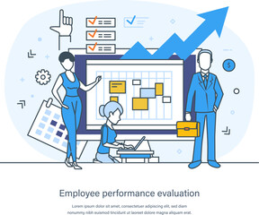 Employee performance evaluation, staff management, empolyee development business concept. Worker performance review, work improvement, productivity growth thin line design of vector doodles