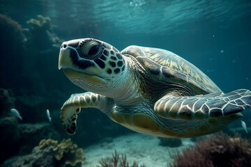 A large sea turtle swims in the sea.