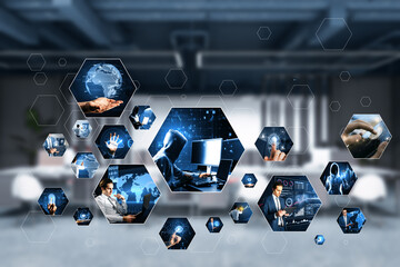 Connecting businesspeople, technology, metaverse and video conference concept. Creative hexagonal...