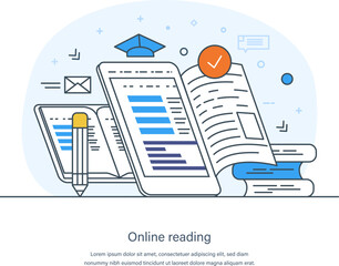 E-library, online reading, e-book, digital online education concept. E-learning, home schooling, web course, tutorial. Literature, science and digital culture thin line design of vector doodles