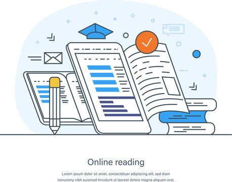 E-library, online reading, e-book, digital online education concept. E-learning, home schooling, web course, tutorial. Literature, science and digital culture thin line design of vector doodles